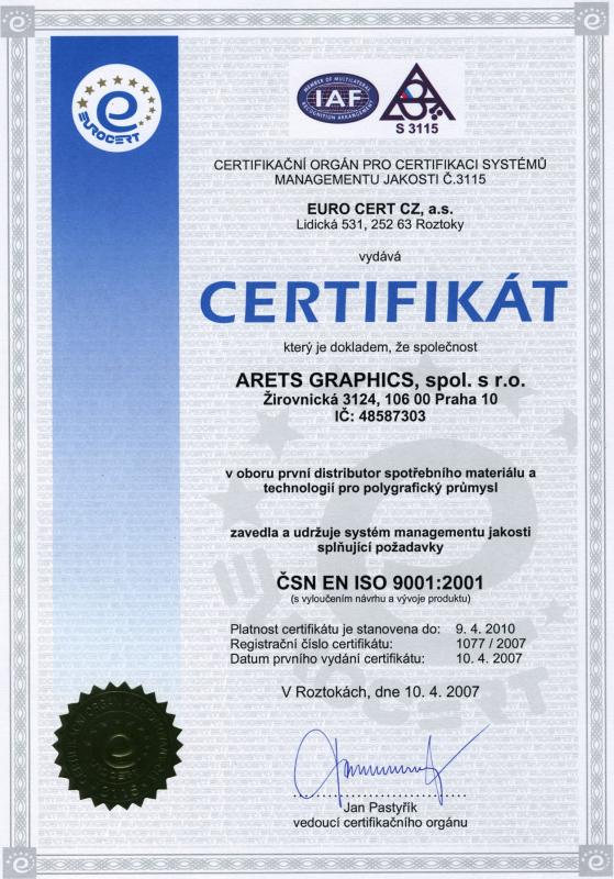 Certifikát ISO 9001 Arets