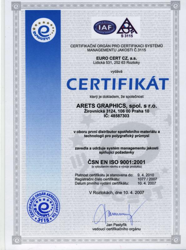 Certifikát ISO 9001 Arets
