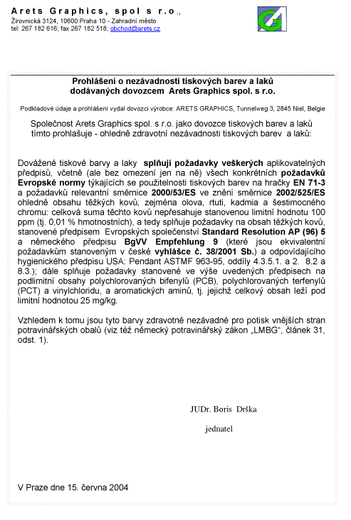 Certifikát nezávadnosti Arets